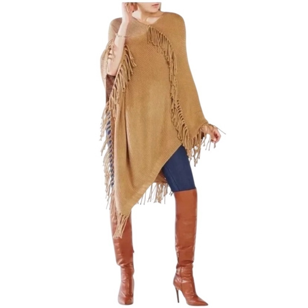 BCBGMAXAZRIA | Camel Brown Knitted Fringe Asymmetrical Western Poncho Size OS